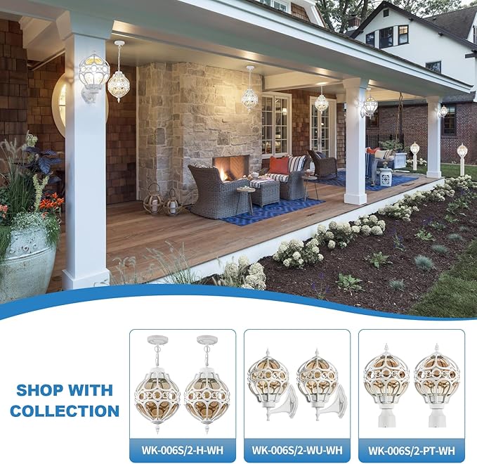 Globe Outdoor Pendant Lights, White Aluminum Waterproof Hanging Light Fixture for Porch Entryway Hallway, Vintage Round Exterior Chandelier, Outside Pendant Lamp with Amber Glass, 2 Pack