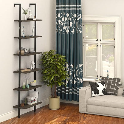 Wolawu Ladder Shelf Black 6 Tiers Modern Bookshelf Room Organizer Open Tall Wall Mount Bookcase Standing Leaning Wall Shelves Industrial Decorative Living Room Bed Room (Brown)