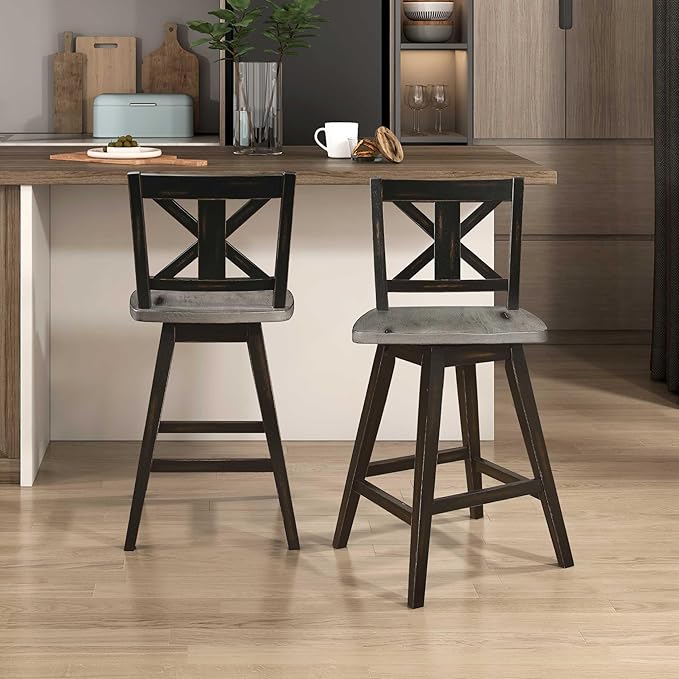 Lexicon Counter Height Stools Set of 2-Solid Wood Frame 360° Swivel Wooden Stools, Foot Rest, X Back, Wide Seat, Distressed Farmhouse Easy to Clean Finish, 24" SH, Antique Black/Grey