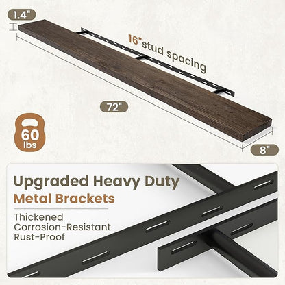 Fun Memories Solid Elm Wood Floating Shelves Set of 1-72 Inch Rustic Wall Shelves with Heavy-Duty Invisible Brackets - for Living Room, Kitchen, Bedroom, Bathroom - Walnut Finish