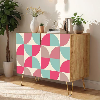SIGNWIN Sideboard Buffet Cabinet, Kitchen Storage Cabinet with 2 Doors, Pink & Teal Retro Polygon Patternt, Cupboard Console Table for Dining Room - 35" L x 18" W x 29" H