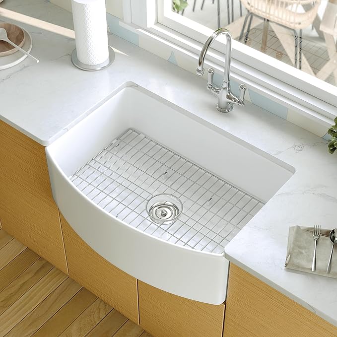 DeerValley Fireclay Farmhouse Kitchen Sink 30 Inch, White Single Bowl Farm Sink, Grove Arch Edge Curved Apron Front Farm Sinks with Bottom Grid & Strainer