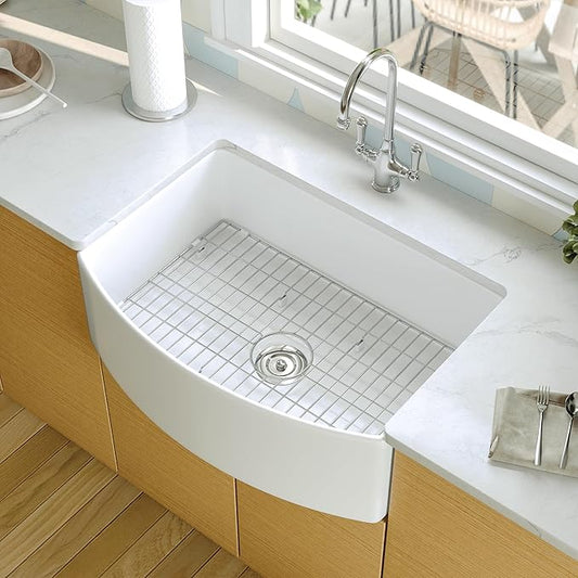 DeerValley Fireclay Farmhouse Kitchen Sink 30 Inch, White Single Bowl Farm Sink, Grove Arch Edge Curved Apron Front Farm Sinks with Bottom Grid & Strainer