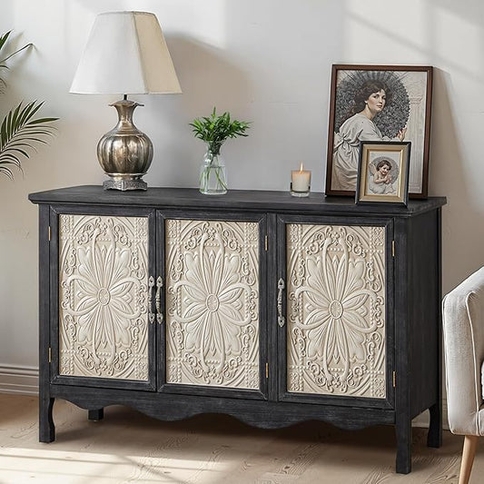 RoyalCraft Farmhouse Sideboard Buffet Cabinet with Storage, 49" Solid Wood Credenza Buffet Table Coffee Bar Wine Bar Storage Cabinet with 3 Doors for Dining Room Living Room Hallway (Provence Black)