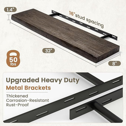 Fun Memories Floating Shelves for Wall Decor Set of 2-32 Inch Solid Elm Wood Live Edge - Rustic Walnut Wall Shelves with Invisible Brackets - for Living Room, Bedroom, Kitchen - Walnut Finish