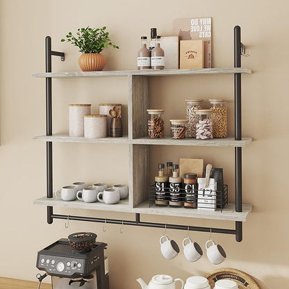 Bestier 41" Floating Kitchen Shelves Wall Mounted 3 Tier Coffee Bar Mug Shelf Hanging with 8 Hooks Display Plant Pipe Shelving for Living Room Kitchen Bathroom Balcony, Retro Grey