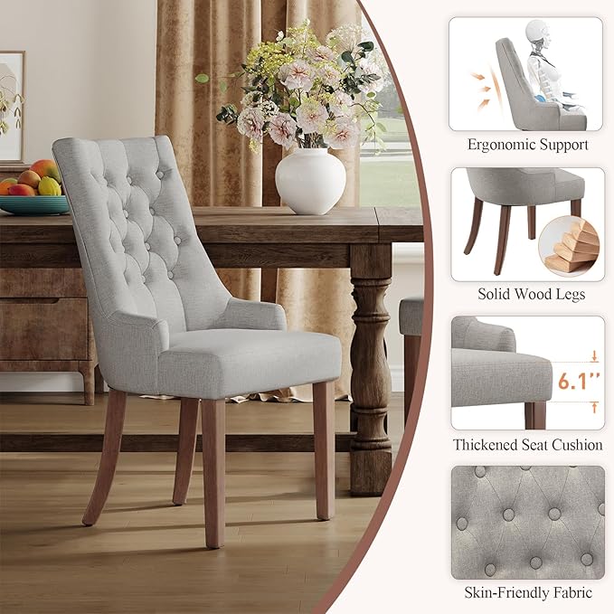 COLAMY Wingback Upholstered Dining Chairs Set of 6, Fabric Side Dining Room Chairs with Tufted Button, Living Room Chairs for Home Kitchen- Light Grey