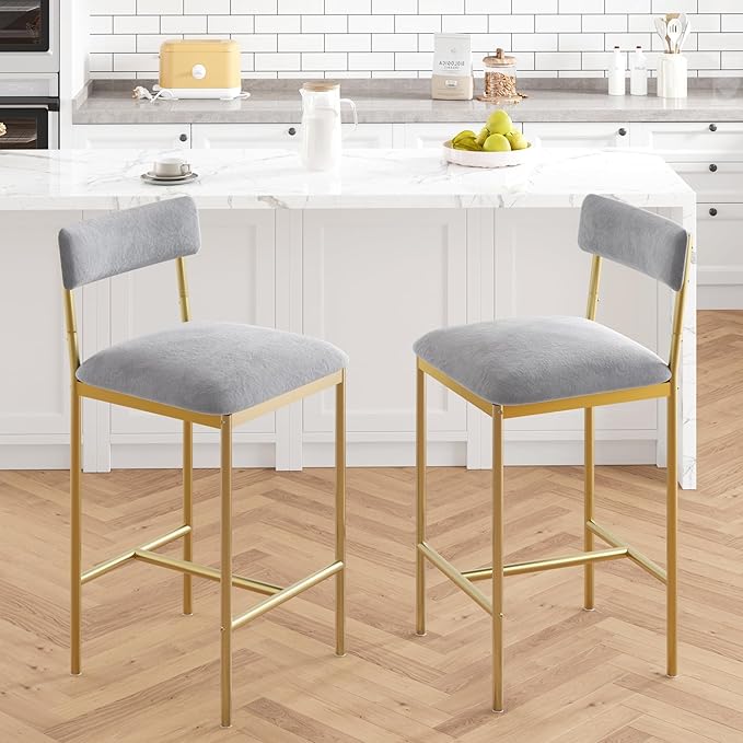 TrailBlaze Set of 2 Upholstered Bar Stools with Backrest & Footrest, Counter Height Dining Chairs, Thick Cushions - Modern Soft Fabric Grey and Gold - Kitchen Island, Dining Room, Bar - Easy Assembly
