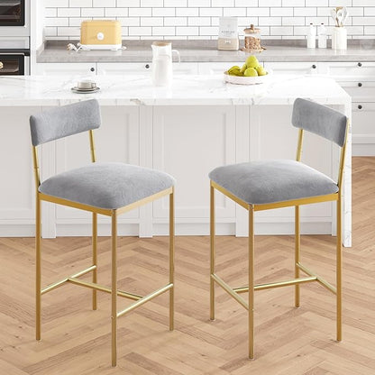 TrailBlaze Set of 2 Upholstered Bar Stools with Backrest & Footrest, Counter Height Dining Chairs, Thick Cushions - Modern Soft Fabric Grey and Gold - Kitchen Island, Dining Room, Bar - Easy Assembly