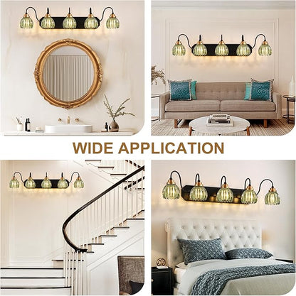 Vintage Bathroom Vanity Light, 5 Light Bathroom Lighting Fixtures Over Mirror, Mid Century Style Farmhouse Light Fixtures with Green Glass Shades, Black Finish Wall Mount for Bedroom , Living Room
