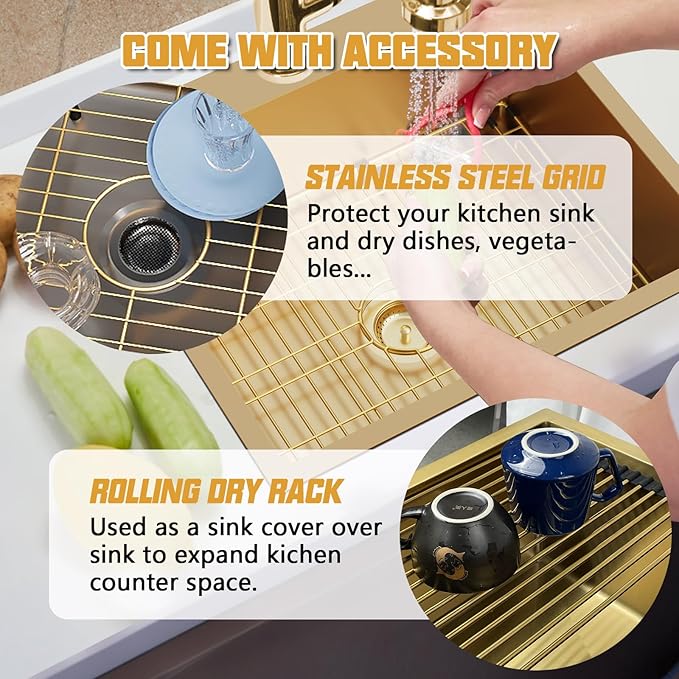 Gold 25"x22" Stainless Steel Drop-In Single Bowl Kitchen Sink - Topmount With Gold-Tone Accessories, Rack, Grid, and Drain Assembly for Modern Luxurious Look