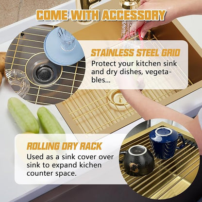 Gold 25"x22" Stainless Steel Drop-In Single Bowl Kitchen Sink - Topmount With Gold-Tone Accessories, Rack, Grid, and Drain Assembly for Modern Luxurious Look