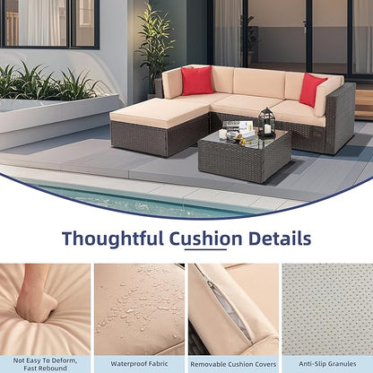 Vongrasig 5 Piece Patio Furniture Sets, Outdoor Patio Set Sectional Sofa, All-Weather PE Rattan Outdoor Couch with Ottoman, Glass Table for Garden, Backyard, Porch, Beige