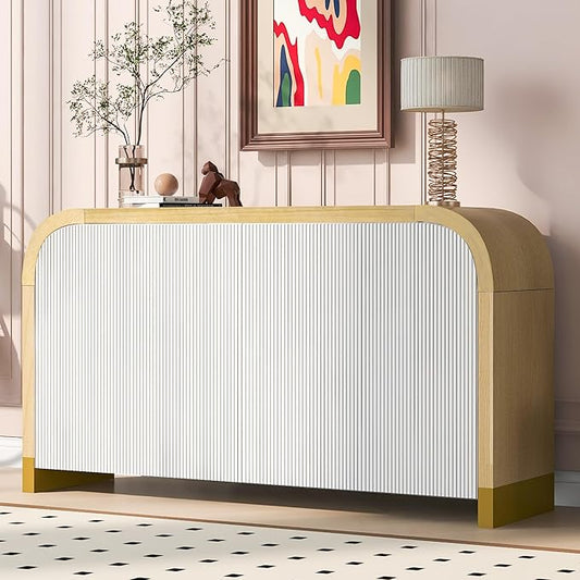 Merax Sideboard Buffet Cabinet with Storage Adjustable Shelves & Unique Curved Corner, Wavy Door Panel Accent Wood Console Table for Coffee Bar, Living Room and Entrance, Easy Assembly, White
