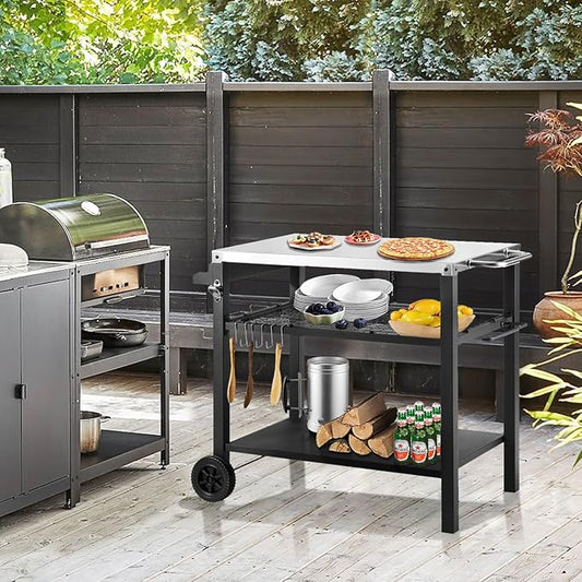 Kendane Grill Cart Table with Three Shelf, Movable Outdoor Dining Cart Pizza Oven Stand with Three Hooks, Kitchen Cart Island Multifunction Food Prep Table (Sliver)
