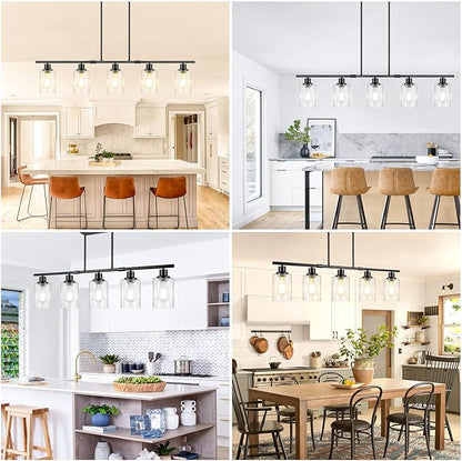 Dining Room Light Fixture Over Table, 5-Light Kitchen Island Lighting Hanging, Farmhouse Linear Chandelier for Dining Room, Matte Black Pendant Light Fixtures with Clear Glass Shade for Kitchen Island