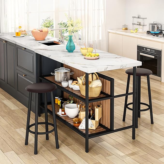 DKLGG Kitchen Island with Stools & Storage, Modern Dining Table Set for 2, 3 Piece Kitchen & Dining Room Sets Island Table for Small Space, Apartment, Home Bar, White