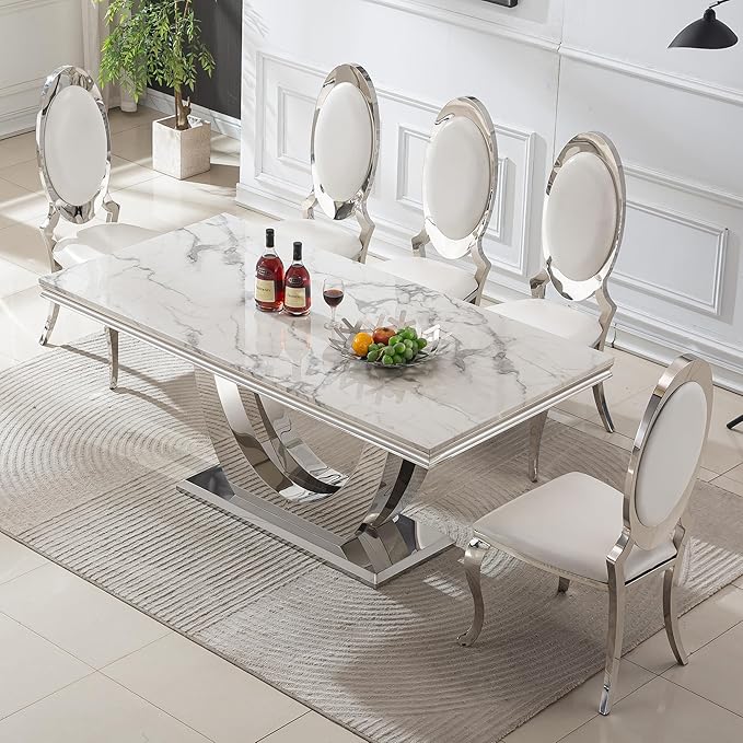 Modern Dining Table for 6-8, 68 Inch White Marble Kitchen Table with Silver Mirrored U-Shape Base, Luxurious Rectangular Faux Marble Dining Room Table for Dining Room,Living Room