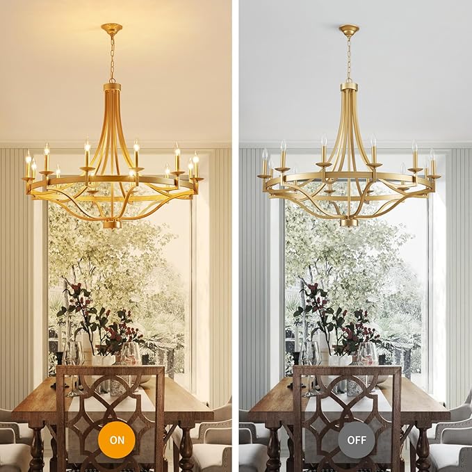 WUZUPS 12-Light Wagon Wheel Metal Candle Chandelier Round Pendant Ceiling Lighting Rustic Farmhouse Fixture Kitchen Island Dining Room, H 39.4" W10, E12 Base, Gold