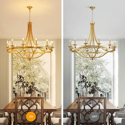 WUZUPS 12-Light Wagon Wheel Metal Candle Chandelier Round Pendant Ceiling Lighting Rustic Farmhouse Fixture Kitchen Island Dining Room, H 39.4" W10, E12 Base, Gold