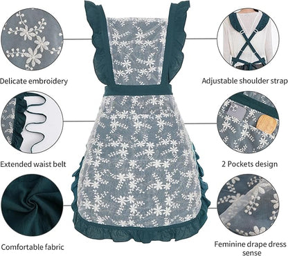 Pinknoke Vintage Pinafore Apron Dress for Women with Pockets Cute Floral Chef Aprons for Kitchen Cooking Baking Gardening
