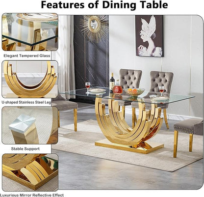 70" Glass Dining Table for 6-8, Modern Dining Room Table with 0.39" Tempered Glass Top and Three U-Shaped Gold Stainless Steel Base, Rectangle Kitchen Dinner Table for Dining Room
