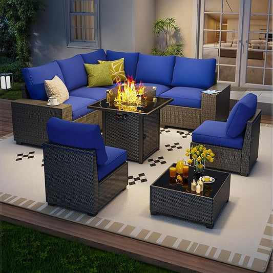 9 Piece Outdoor Patio Furniture Set with 28'' Fire Pit Table, Outdoor Sectional Furniture, Rattan & Wicker Modern Modular Conversation Set Sofa Couch W/Water Resistant Thick Cushions, Coffee/Blue
