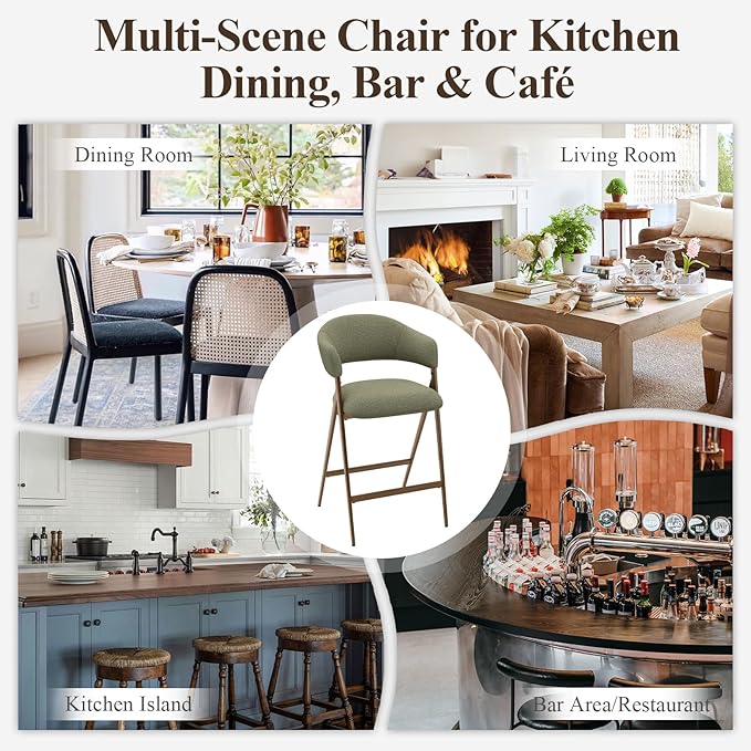 Bar Stools Set of 4, Counter Height Bar Stools with Back, Modern Upholstered Island Stools with Metal Legs for Kitchen Island, Counter, Dining Room, Green