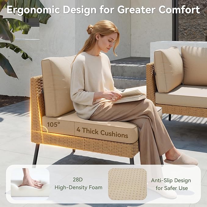 Aoxun Patio Furniture Set, 7 Piece Outdoor Sectional Sofas with Thick Cushion, Wicker Outdoor Patio Furniture Set with Coffee Table for Party, Garden, Backyard, Beige