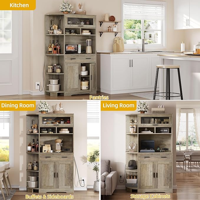 DWVO Farmhouse Kitchen Pantry Cabinet, 67" Bakers Rack w/Storage Cabinet, Coffee Bar w/Charging Station, Buffet Sideboard, Microwave Stand, Hutch Cupboard for Dining Room Kitchen Living Room(Ash Gray)
