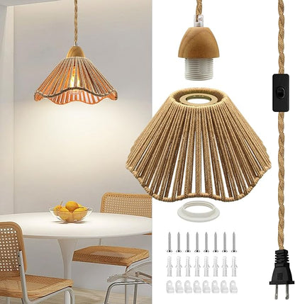 Farmhouse Hanging Lights with Plug in Cord, 16.7FT Rustic Hemp Rope Pendant Light Cord, 23x10 cm Hemp Rope Woven Lampshade Pendant Light Fixtures, E26 E27 Bulb Socket Boho Hanging Lamp, for Bedroom