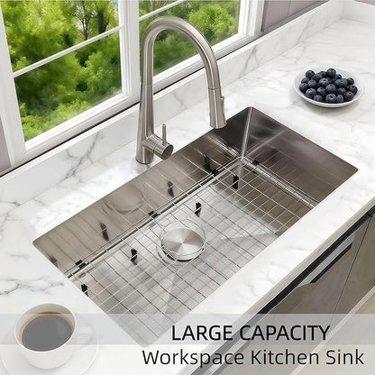 30 Inch Drop in Kitchen Sink Undermount Stainless Steel Kitchen Sinks,16 Gauge Top Mount Single Bowl Workstation Sink,Deep Handmade Kitchen Sink with Cutting Board & Strainer,Satin Nickel