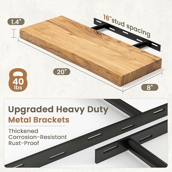 Fun Memories Floating Shelves for Wall Decor Set of 2-20 Inch Solid Elm Wood Live Edge - Rustic Natural Wall Shelves with Invisible Brackets - for Living Room, Bedroom, Kitchen - Natural Finish