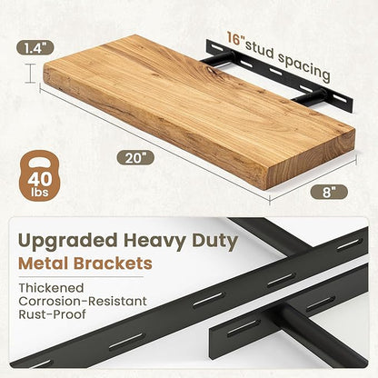 Fun Memories Floating Shelves for Wall Decor Set of 2-20 Inch Solid Elm Wood Live Edge - Rustic Natural Wall Shelves with Invisible Brackets - for Living Room, Bedroom, Kitchen - Natural Finish