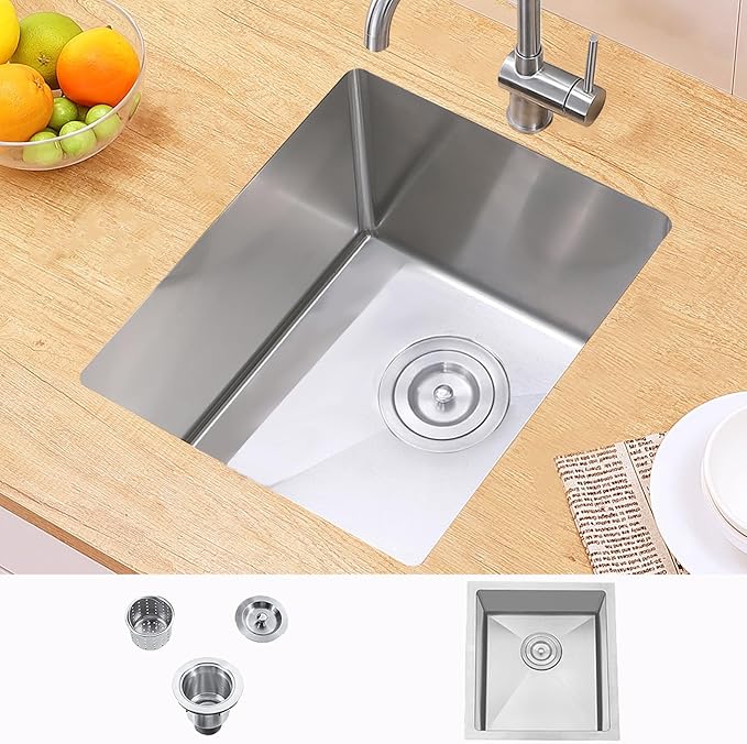 Hotis Bar Sink Undermount, 13 X 15 Inch Brush Nickel Small Rv Kitchen Sink, Stainless Steel Handmade Single Bowl Outdoor Wet Bar Prep Sink With Strainer
