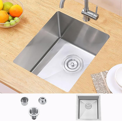 Hotis Bar Sink Undermount, 13 X 15 Inch Brush Nickel Small Rv Kitchen Sink, Stainless Steel Handmade Single Bowl Outdoor Wet Bar Prep Sink With Strainer