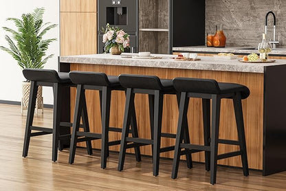 IDEALHOUSE 26.2" Solid Wood Bar Stools Set of 4, Counter Height Bar Stools with Wide PU Leather Upholstered Seat, Barstools Set for Kitchen Islands, Counter Bars, Black