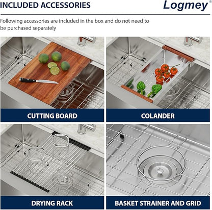 Logmey 30 In Farmhouse Sink, 30x21 Stainless Steel Flat Apron Front Kitchen Sink Workstation, Undermount 16 Gauge Single Bowl Farm Sinks for Kitchen