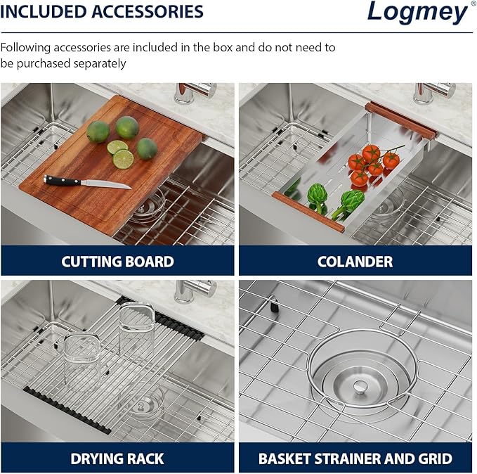 Logmey 36 Inch Farmhouse Sink Workstation 36x21 16 Gauge Stainless Steel Farm Kitchen Sink Undermount Apron Front Single Bowl Farm Sinks for Kitchen 36x21x9