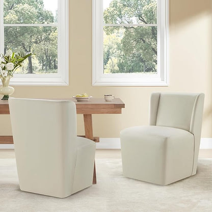 KISLOT Upholstered Dining Chairs Set of 4 with Casters, Wingback Modern Side Armless Deskchair with Rollers for Diningroom Bedroom Livingroom Reading Room, Cream Faux Leather