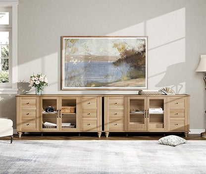 WAMPAT 2-in-1 Sideboard Buffet Cabinets with Glass Door, Kitchen Storage Cabinets, Wood Coffee Bar Tables, Accent Sideboard Storage Cabinet Table Dining Room, Living Room,Oak