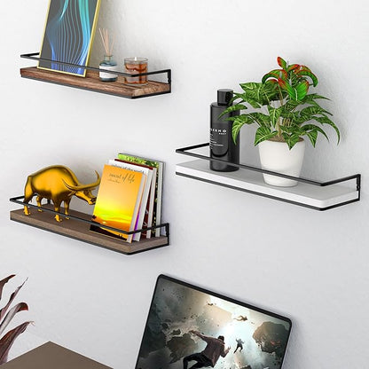 Meangood Floating Shelves Wall Mounted Set of 2, Rustic Wood Wall Storage Shelves for Bedroom,Living Room,Bathroom, Kitchen Brown