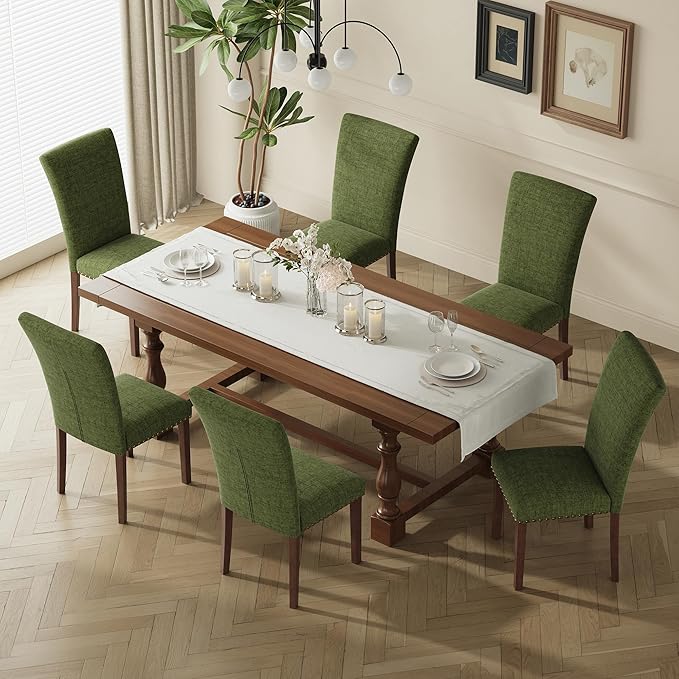 COLAMY Upholstered Parsons Dining Chairs Set of 2, Fabric Dining Room Kitchen Side Chair with Nailhead Trim and Wood Legs - Green