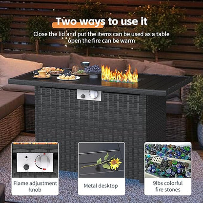 UDPATIO Patio Furniture Set with Fire Pit Table, Outdoor Wicker Conversation Set with 8'' Wide Armrests, Patio Sectional Sofa Set for Backyard, Deck, Black Cushions