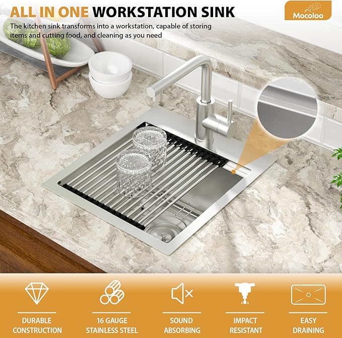 Mocoloo 15 Inch Bar Sink with Faucet, 16 Gauge Drop in Workstation Sink - 15x17x9" Stainless Steel Single Bowl Small Prep Kitchen Sink with Pull-Out Faucet