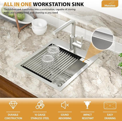 Mocoloo 15 Inch Bar Sink with Faucet, 16 Gauge Drop in Workstation Sink - 15x17x9" Stainless Steel Single Bowl Small Prep Kitchen Sink with Pull-Out Faucet