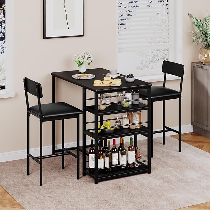 TrailBlaze 3-Piece Dining Table Set for 2, Counter Height Bar Kitchen Table with 3 Storage Shelves, Upholstered Chairs - Space-Saving Furniture for Apartment, Bistro - Rustic Black - 1+2 Set