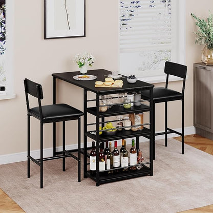 TrailBlaze 3-Piece Dining Table Set for 2, Counter Height Bar Kitchen Table with 3 Storage Shelves, Upholstered Chairs - Space-Saving Furniture for Apartment, Bistro - Rustic Black - 1+2 Set