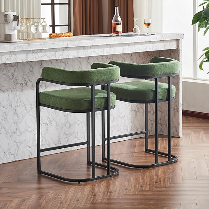 Modern Chenille Bar Stools Set of 2, Upholstered Counter Height Chairs with Metal e Armrests, Soft Chenille Fabric Bar Chairs for Kitchen Island, Dining Room, Home Bar,Green UR67