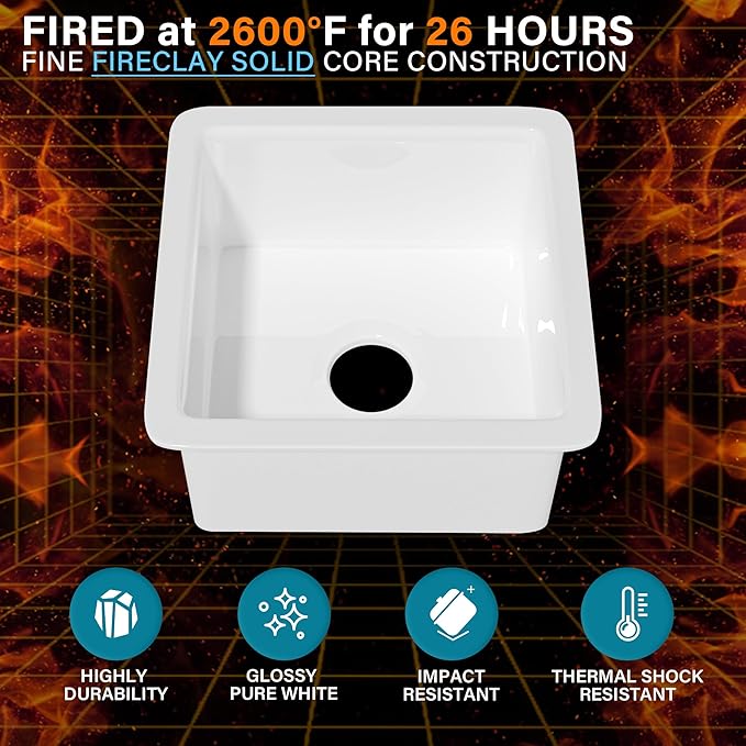 Small Undermount Bar Sink White 18 x 18 Inch, 9" Height Topmount Fireclay Kitchen Sink Drop In Single Bowl, Dual Mount Heavy Duty, w Accessory 2 Types, White, for Kitchen, Outdoor